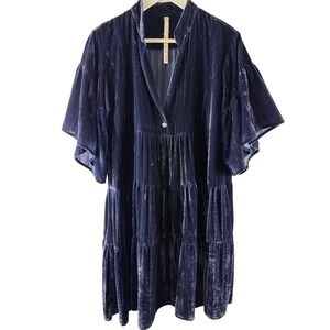 Uncle Frank Navy Blue Velvet Tiered Babydoll Dress Flared Bell Sleeve Womens S